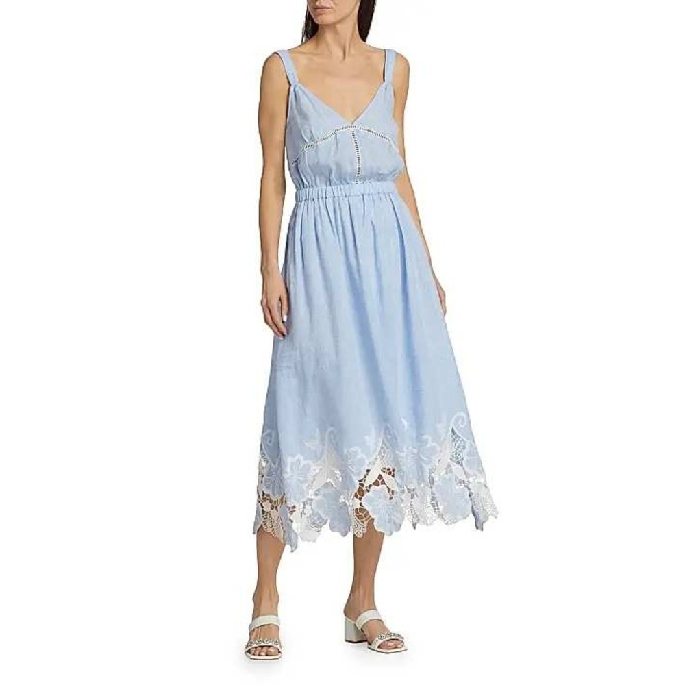 Ramy Brook Aubriella Dress Womens M Blue Linen Lace Midi Boho Coastal Eyelet NWT